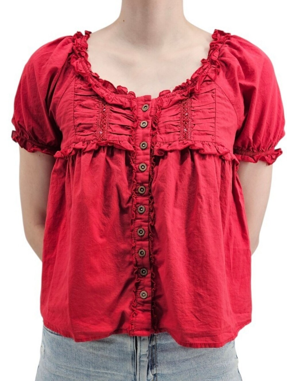 Red Ruffle Babydoll Peasant Blouse Puff Sleeve Boho Prairie Romantic M